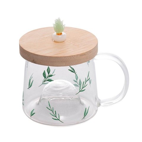 Caneca de Vidro Lyor com Pires de Bambu Suculenta 330ml 5708