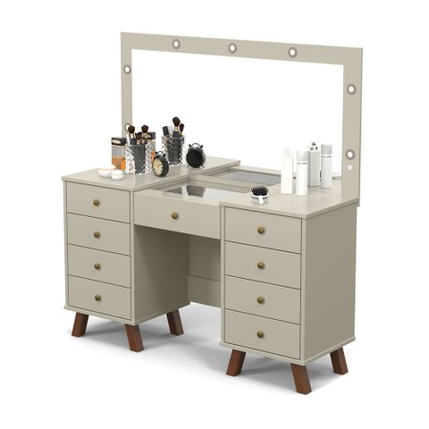 Penteadeira Camarim Eloa Retro 9 Gavetas com Led e Espelho Off White