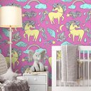 Ver imagem 2 de Papel de Parede Infantil Unicórnio com Diamantes e Arco Íris Fundo Rosa-60x300cm