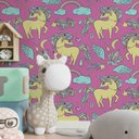 Ver imagem 1 de Papel de Parede Infantil Unicórnio com Diamantes e Arco Íris Fundo Rosa-60x300cm