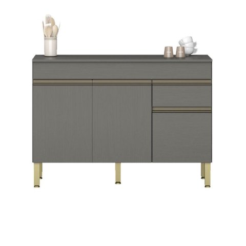 Balcão de Cozinha com Tampo 1,20m 3 Portas 1 Gaveta Cinza Line Kits Paraná Cinza