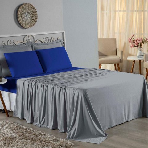 Jogo Cama Casal Nobre 4 Peças Lençol Elástico 30cm Altura 100% Algodão Cinza Royal