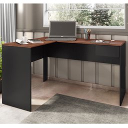 Mesa Para Escritório E Home Office Em L Euro 01 Gaveta 135x105 Cm C03 Preto Castanho - Lyam Decor - 2