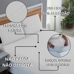 Kit Roupa de Cama Casal Percal 200 Fios 100% Algodão com Elástico e Fronhas 3 Peças:branco - 5