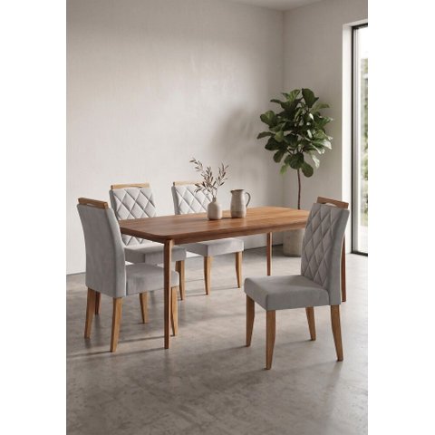 Sala de Jantar Veneza 120cm Laminada com 4 Cadeiras Madeira Maciça Bali Cinamomo Linho Prata