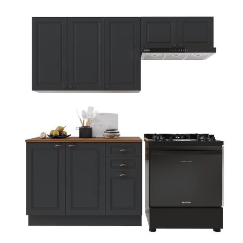Armário de Cozinha Modulada Compacta Fidelitá Nara 100% MDF 3 Peças 200cm 8 Portas 2 Gavetas com