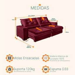 Sofá Retrátil e Reclinável 2,10m Molas Ensacadas Pillow Top Suede Cancún Vinho - 3