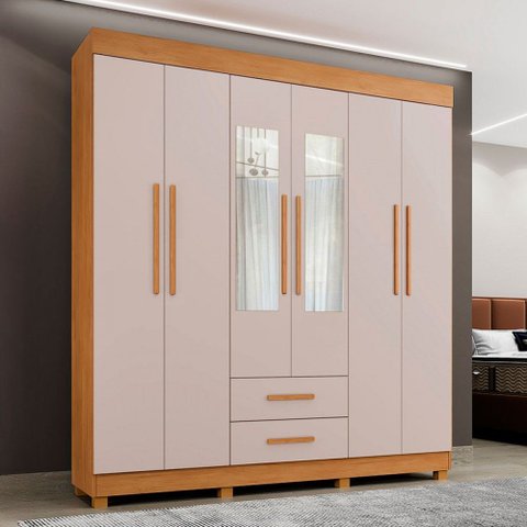 Guarda-roupa Casal Golfo 6 Portas 2 Gavetas com Espelho Cinamomo/off White - Pnr Móveis