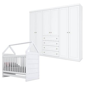 Berço Montessoriano e Guarda Roupa Infantil Americano 6 Portas Branco Hp - Henn