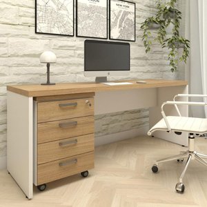 Mesa Escrivaninha 170cm com Gaveteiro 4 Gavetas F5 Office Cor:macadâmia com Branco