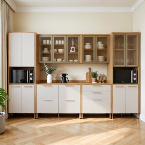 Cozinha Completa Modulada 6 Peças com Vidro Reflecta 14 Portas 6 Gavetas Nobre Bege/Cinamomo/Off White