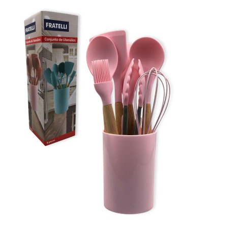 Conjunto de Utensílios Silicone 8 Peças Praticidade e Beleza Cor:rosa
