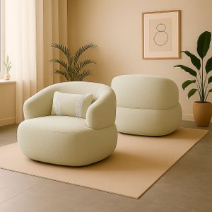 Poltrona Orgânica Chloe Boucle Bege Redonda Decorativa com Almofada Plumante - Arkell