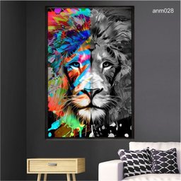 Quadro Decorativo - Leao Moderno Colorido e Pb Anm028 Tela Canvas - 80x60cm - 1