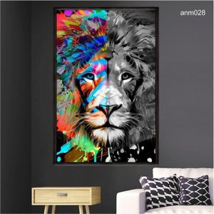 Quadro Decorativo - Leao Moderno Colorido e Pb Anm028 Tela Canvas - 80x60cm