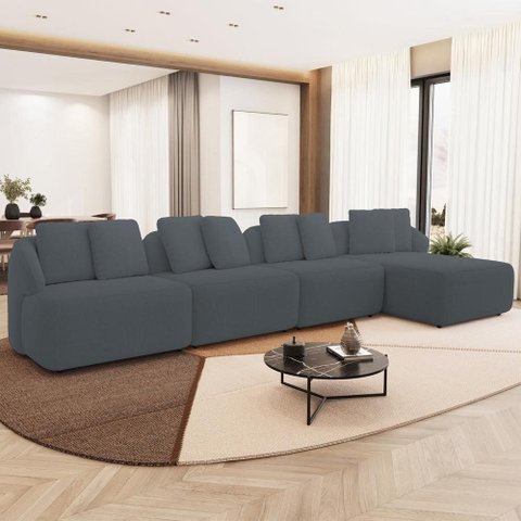 Sofá 5 Lugares com Chaise Direito Sala Living 328cm Arlo F04 Bouclê Grafite - Lyam Decor