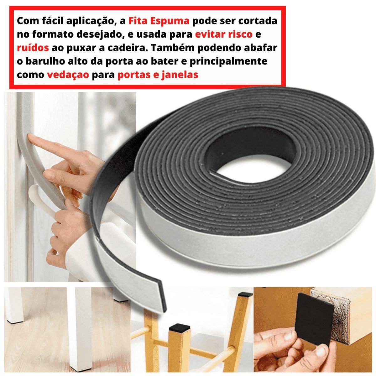 Espuma Fita Adesiva EVA | Borracha Vedação | e=10mmX10 Mts | Preta:14mm - 6
