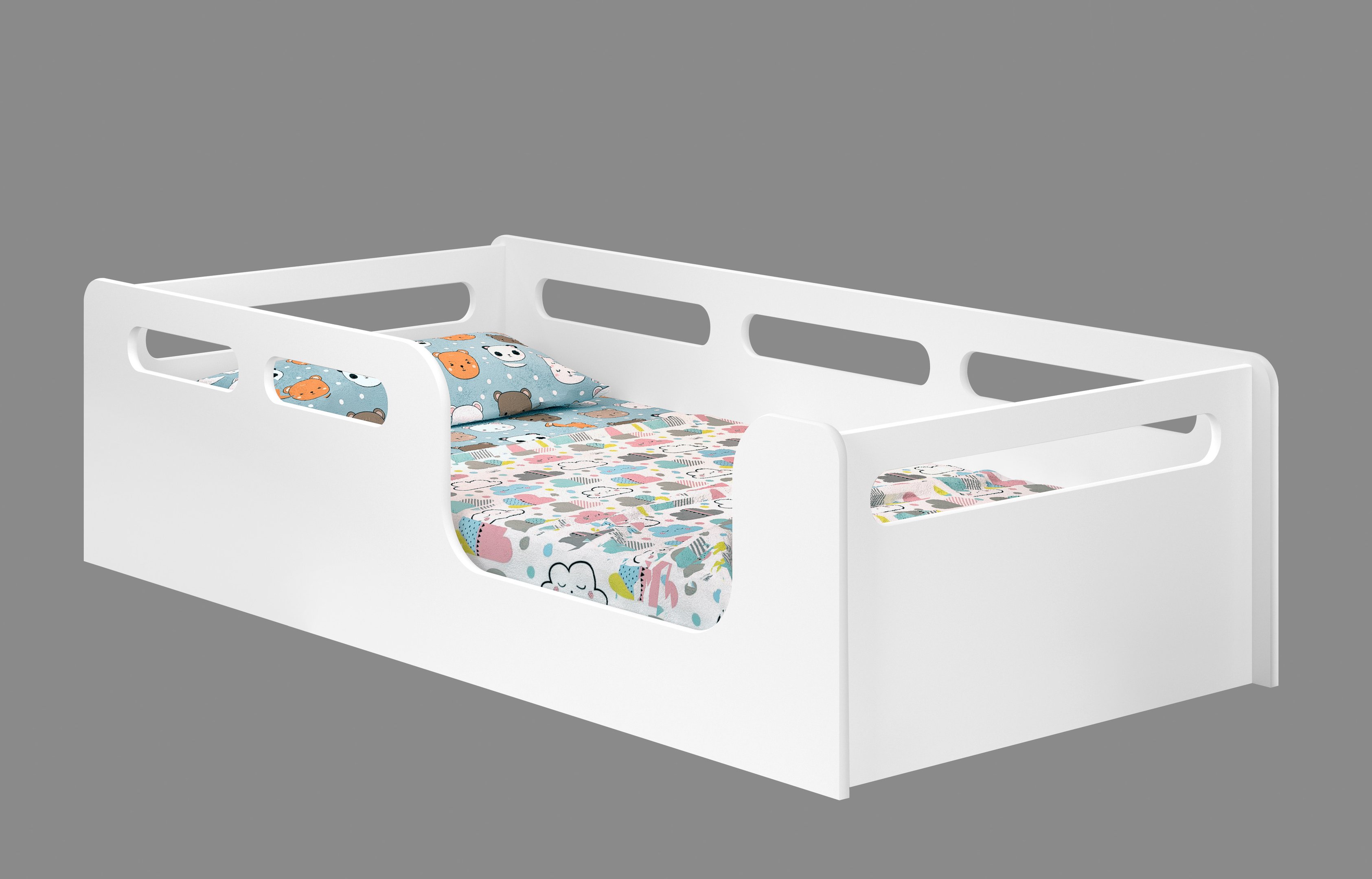 cama solteiro montessoriana com proteção mdf planet baby branco acetinado - 2