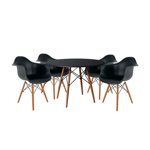 Mesa de Jantar Redonda em Madeira 110cm Preta com 4 Poltronas Pretas Preto