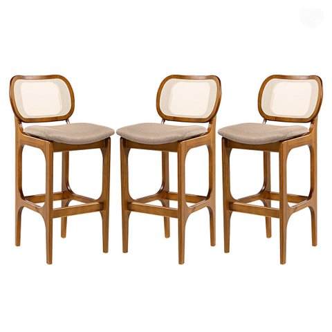 Kit 3 Banquetas Alta com Encosto Decor Madeira Imbuia Encosto Rattan Linho Marrom L87 Rmi