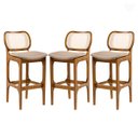 Ver imagem 1 de Kit 3 Banquetas Alta com Encosto Decor Madeira Imbuia Encosto Rattan Linho Marrom L87 Rmi