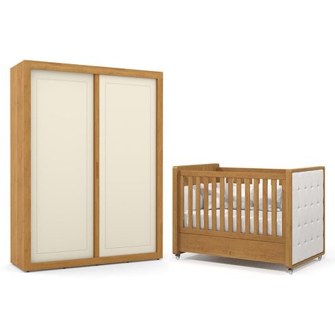 Jogo de Quarto Infantil Tutto New Guarda Roupa 2 Portas e Berço Freijó/off White com Capitonê -