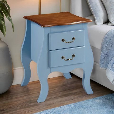 Cômoda Pequena Madeira Bombê 2 Gavetas 1026 - Azul Céu Laca com Tampo e Base Imbuia Glazer