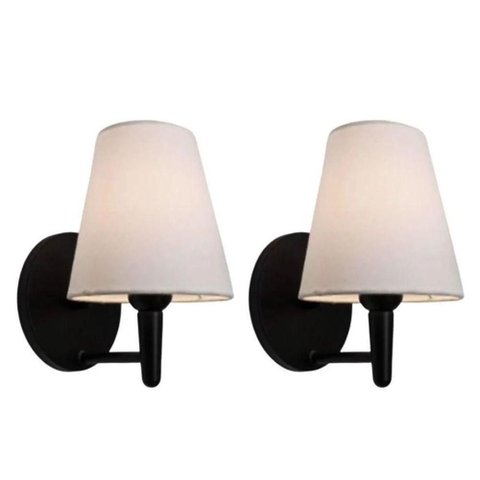 Kit-2 Arandela Cone Md-2004 Base Preto Cúpula em Tecido 14-14x07cm Branco - Bivolt