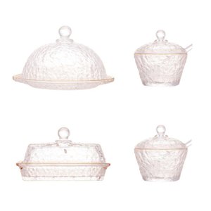 Kit Queijeira + Manteigueira + Meleira + Açucareiro de Cristal Martelado com Fio de Ouro Petra Lyor