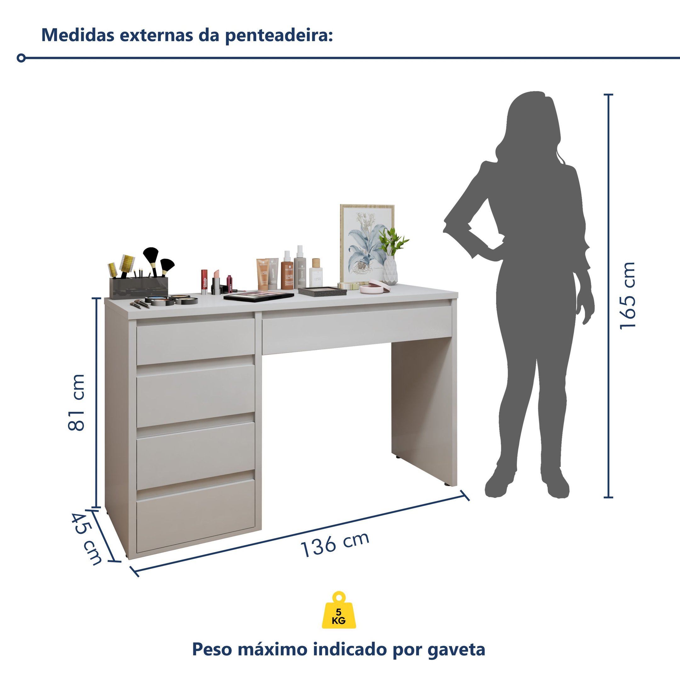 Penteadeira 5 Gavetas 100% MDF Giulia Yescasa - 6