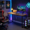 Ver imagem 1 de Mesa Escrivaninha Moderna Industrial Gamer para Pc 76cm:Imbuia