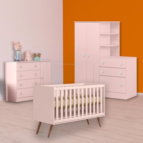 Conjunto Berço Mini Cama Retrô, Cômoda Sapateira e Guarda Roupa C/ Cômoda Rosa