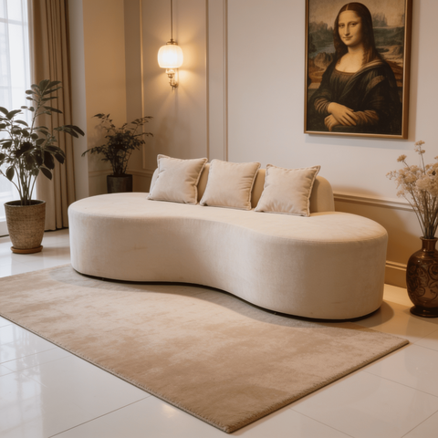 Sofá Tóquio Puff Orgânico Bouclé 200cm com 3 Almofadas Design Curvo Luxo para Sala e Recepção:Off Wh