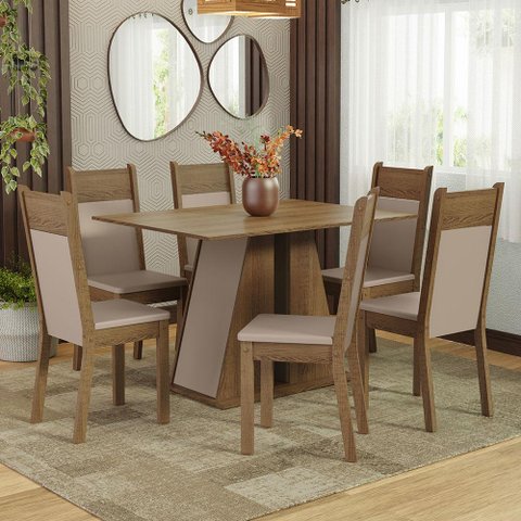 Conjunto Sala de Jantar Mesa Tampo de Madeira 6 Cadeiras Rustic/crema/bege Beverly Madesa