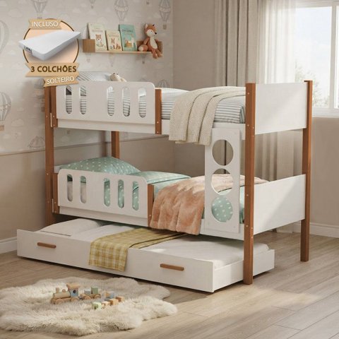 Beliche Treliche Solteiro Ônix MDF com Cama Auxiliar e 3 Colchões Solteiro Infantil - Branco Mel