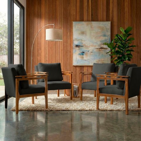 Kit 4 Poltrona Sala Decorativa Dallas Estofada Veludo Cinza Base Madeira Castanho - Arkell