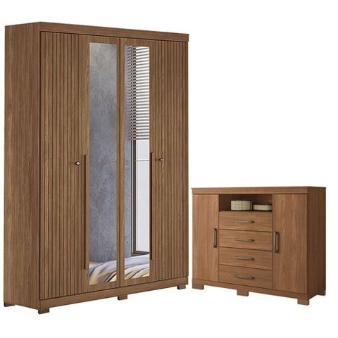 Guarda Roupa Casal Ripado 4 Portas Buriti com Espelho e Pés e Cômoda Havana Master com Pés Jatobá Ac