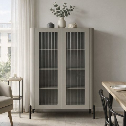 Cristaleira Sala de Jantar 2 Portas Vidro Pés Industrial Preto Naim I03 Grigio - Lyam Decor