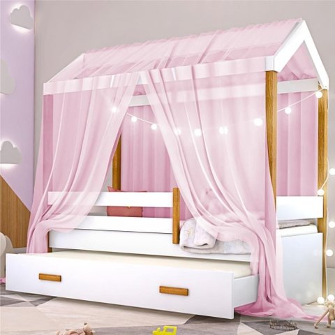 Bicama Montessoriana Solteiro Montessori Exclusiv Fio de Luz com Colchão e Voal Rosa MDF Branco