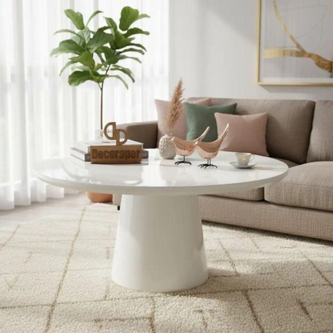 Mesa de Centro Base Cone Laqueada Redondo MDF Madeira 70cm Branco
