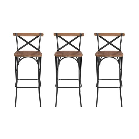 Kit 3 Banquetas Industrial em Aço e Madeira Maciça Laís Preto/Castanho