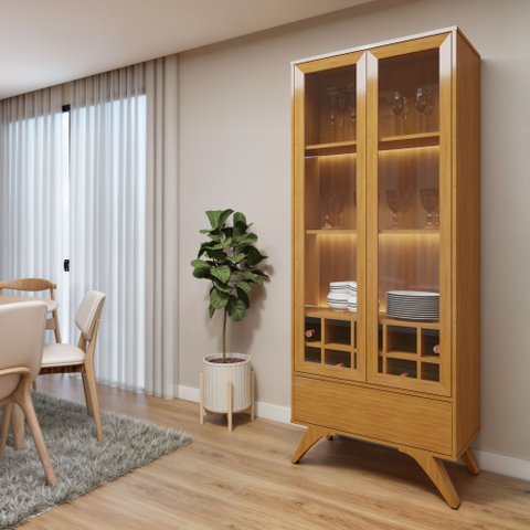 Cristaleira Reflecta 100% MDF 2 Portas Pés Madeira Maciça com LED Ávila