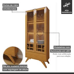 Cristaleira Reflecta 100% MDF 2 Portas Pés Madeira Maciça com Led Ávila - 4