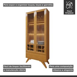 Cristaleira Reflecta 100% MDF 2 Portas Pés Madeira Maciça com Led Ávila - 7