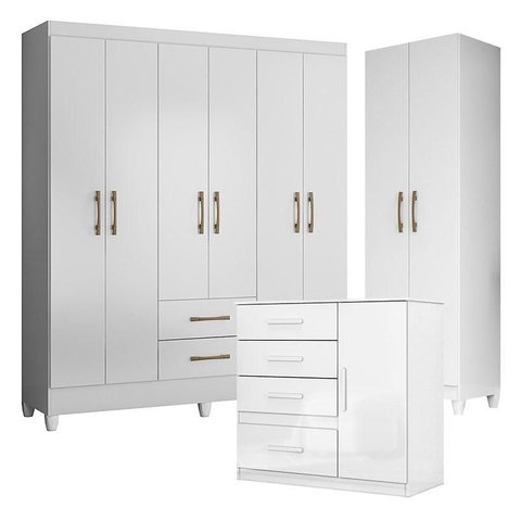 Guarda Roupa Casal Panamá com Cômoda Vênus e Armário Multiuso New Íris Branco Brilho– Moval