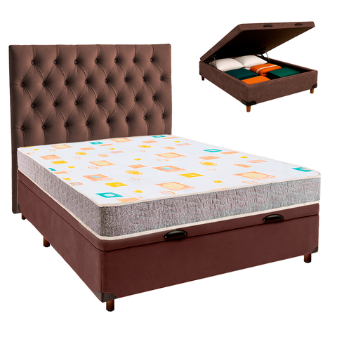 Conjunto Cama Box Bau Marrom Casal + Colchão D20 D20 Inducol + Cabeceira