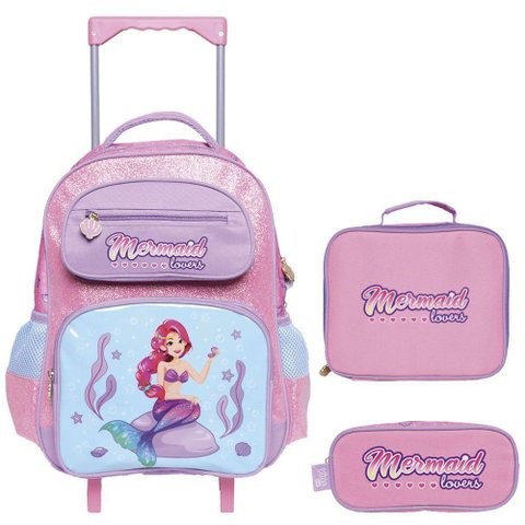 Kit Mochila Rodinha Lancheira Estojo Infantil Escolar Menina Ariel Pequena Sereia Mermaid Yins