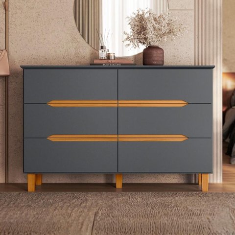 Cômoda Quarto 6 Gavetas 136 cm Puxador Cava e Pés 100% MDF Cor:Cinza com Peroba