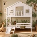 Ver imagem 1 de Beliche Casinha Dos Sonhos com Varanda Kit Escorregador e Grade Protção Madeira Maciça Branco