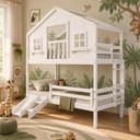 Ver imagem 2 de Beliche Casinha Dos Sonhos com Varanda Kit Escorregador e Grade Protção Madeira Maciça Branco